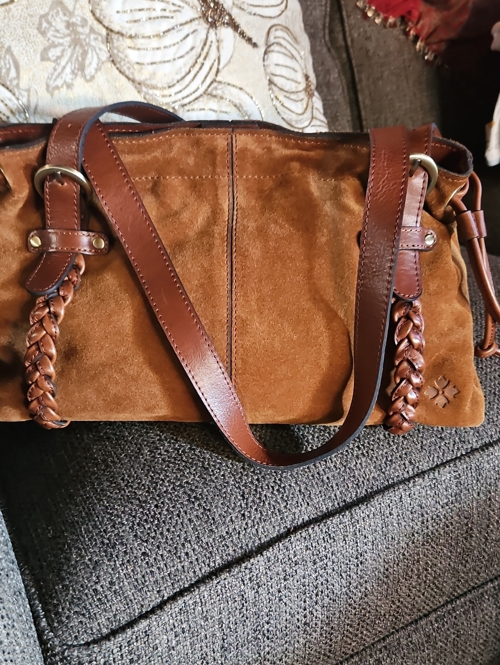 Patricia Nash Brown Suede Shoulder Bag with Braided Leather Accents NWT